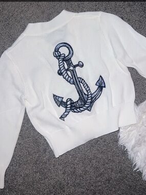 Bamboo Kids White Knit Sweater with Navy Anchor Embroidery